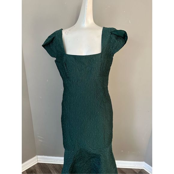 Theia Forest Green Textured Midi High-Low Dress - Picture 9 of 11